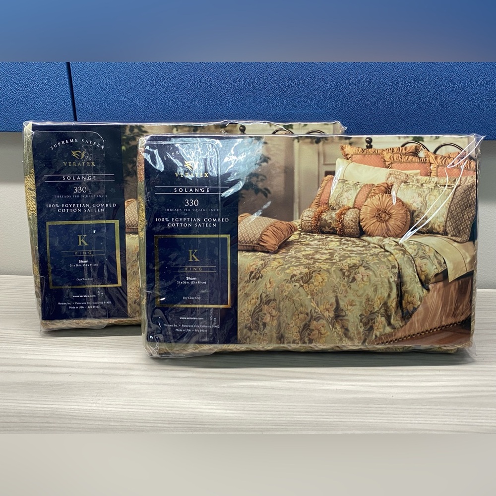 Veratex 100% Egyptian Combed Cotton Sateen Green Gold King Size Shams (2) USA